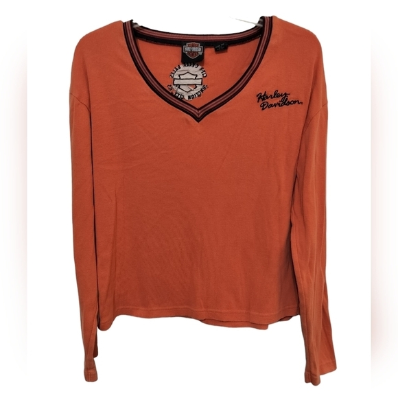 1773) Harley Davidson Motorcycles Orange Long Sleeve Tee Junction City KS, Size - Picture 3 of 8
